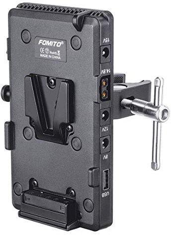 FOMITO V-Lock V Soporte Batería Adaptador Placa con Super Abrazadera para Iluminación Soporte, Trípode, Barra, D-Tap/DC/USB Poder Salida Videocámara, Cámara DSLR, LED Vídeo Luz,Monitor,Micrófono