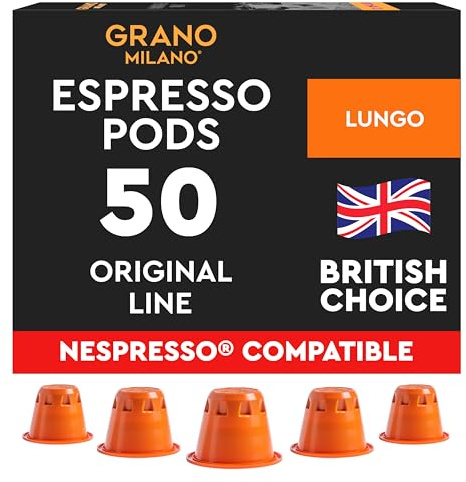 Grano Milano Lungo 50 Pods Compatible with Nespresso Original Line | Medium Roast, Intensity 7/12, Full-Bodied, 100% Arabica, Made in Italy, Packaging May Vary