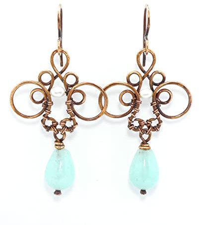 Orecchini Amazonite rame pietre dure goccia pendenti lunghi artigianali donna regalo festa fatti mano azzurri