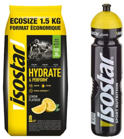 isostar-Set - 1x1.5kg Zitrone + 1x1L Flasche | Hydrate & Perform Iso Drink | Isotonisches Getränkepulver | Elektrolyt Pulver zur Unterstützung der sportlichen Leistungsfähigkeit | Elektrolyte Pulver