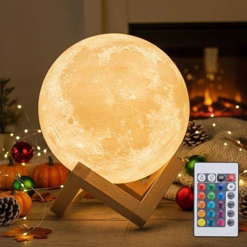 Mydethun 2025 16 Farben Mondlampe mit Holzsockel – Muttertagsgeschenk, LED 3D Nachtlicht 15cm mit Fernbedienung, Geschenke für Frauen, Mädchen, Schlafzimmer, Heimdekoration