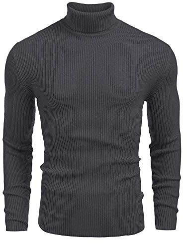 COOFANDY Herr polotröja tröja långärmad tröja finstickad tröja polotröja fritid smal passform basic herr tröja, Mörkgrå, 3XL