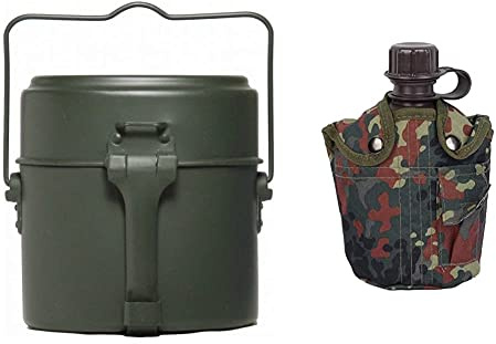 Mil-Tec Unisex – Erwachsene Kochgeschirr-14664000 Kochgeschirr, Silber, Einheitsgröße & Unisex – Erwachsene Flasche-14505021 Flasche, Flecktarn, Einheitsgröße
