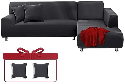 LINGKY Sofabezug Ecksofa L Form Sofa Überwürfe Stretch Sofa Überzug L Form Rechts oder Links mit Kissenbezügen Waschbar Universal-Couchbezug Für 1/2/3/4 Sitzer (Dunkelgrau,3 Sitzer(195-230cm))