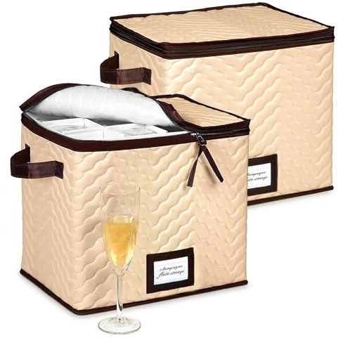 Hold N Storage Lot de 2 boîtes de rangement pour verres à vin avec séparateurs – Chacun peut contenir 12 flûtes à champagne jusqu'à 27,9 cm de haut – Étui de rangement pour verres à pied, organiseur