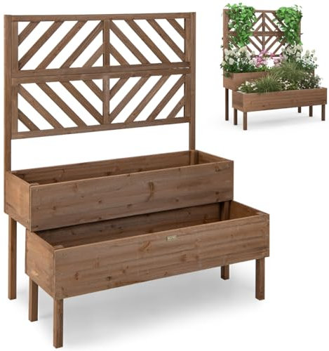 GiantexUK 2-Tier Garden Bed with Trellis, Wood Garden Planter with Drainage Hole, Outdoor Elevated Flower Pots Planting Box for Climbing Plants Vine Vegetables Herbs, 109x62x135cm (Brown)