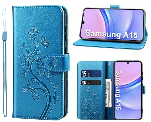 KRAFTCARE Handyhülle für Samsung Galaxy A15 4G/5G Hülle, für Samsung A15 Hülle mit Kartenfach Geld Slot Ständer Magnetic Closure, Flip Case Leder Schutzhülle Tasche für Galaxy A15 5G Hülle, Blau