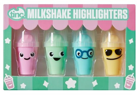 Tinc - Milkshake Fantasie Textmarker - Set mit Leuchtenden Farben Gelb Grün Blau und Rosa - Verspieltes Schreibwaren-Accessoire für Schule und Büro - Mehrfarbig - 4er Set