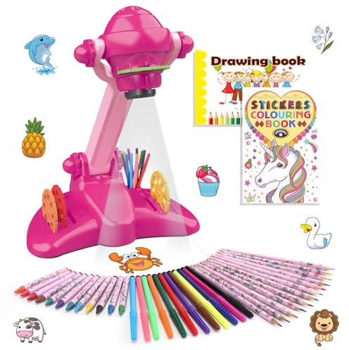 Konijiwa Cadeau Fille Projecteur Dessin Enfant avec 72 Motifs Jouet Fille Jouet Projecteur pour Enfants avec Musique Avec Crayon, Livre de Dessin, Livre de Coloriage Licorne, Règle pour 3 4 5 6 ans