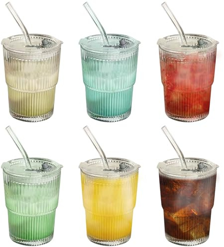 AYYDS 400ML Trinkbecher mit Deckel und Strohhalm, 6er Glas Smoothie Becher, Kaffeebecher, Eiskaffee Becher, Glasbecher Trinkglas für Saft Kaffee Wasser Tee