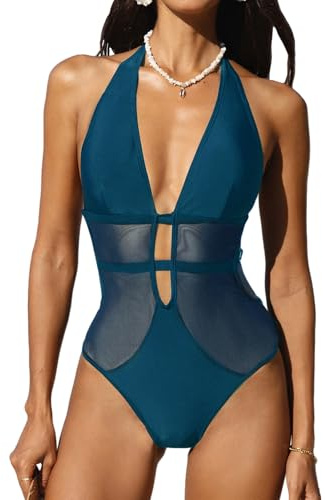 CUPSHE Maillot de bain une pièce pour femme Costume de bain Décolleté en V profond Dos nu Bretelle en maille, bleu, M