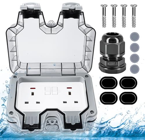 YUNYODA Double Outdoor Socket, Outside Plug Socket IP66 External Sockets Waterproof 2 Gang Storm Switched with 3m Extension Cable 10~16Amp Weatherproof 2 Gang Power Lead (Outdoor Socket)