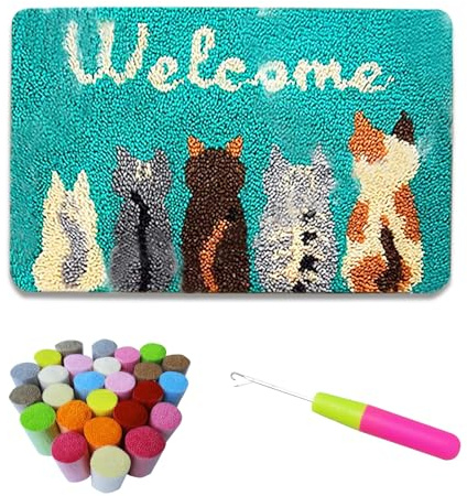 hifrom Knüpfteppich Zum Selber Knüpfen Set, 50x38cm DIY Knüpfhaken Teppich Set Knüpfsets Latch Hook Kit Kreuzstich Set für DIY Handwerk Geschenke Fußabtreter Hauptdekoration (Katze)