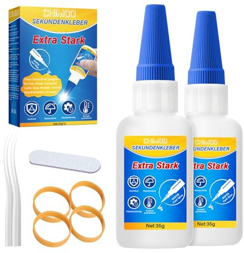 Lot de 2 tubes de colle instantanée extra forte - Extra forte - Étanche - Transparente - Avec pointe anti-séchage - Pour verre, plastique, pierre, bois, bien plus encore et métal (35 g x 2)