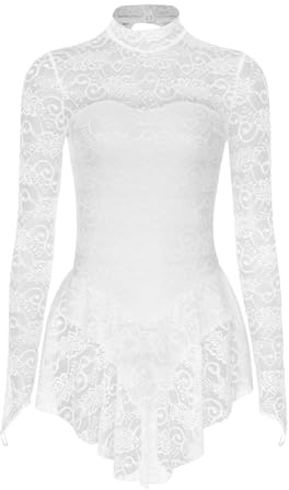 iEFiEL Damen Ballettkleid Rollkragen Spitzen Eiskunstlauf Kleid Tanzkleid Langarm Ballettanzug Trikot Body Wettkampf Sportkleid Elfenbein A S