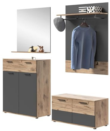 Inn.Furn Garderobe Set 4-teilig Nox Eiche und Basalt grau Garderobenkombination 195 x 200 cm Tomaso (ohne Sitzkissen, Set 3)
