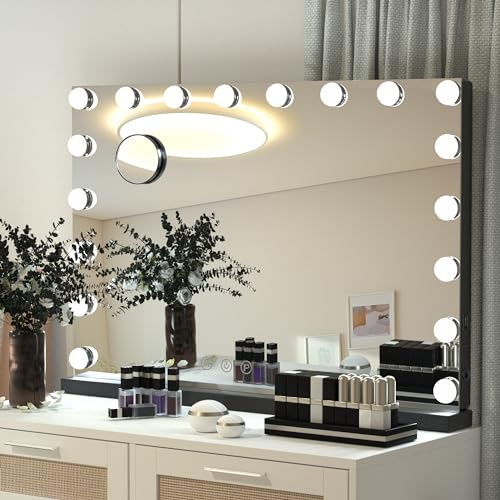 YU YUSING Specchio Trucco con Luci Hollywood, 80X62cm Specchio 18 Lampadine | Specchio Led Trucco con porta USB, 3 Colori, Specchio da Tavolo, 10X, Specchio Cosmetico da Parete, Controllo Tattile, Nero
