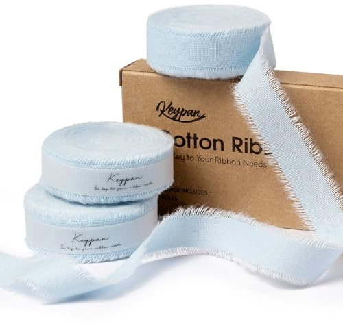 Keypan Geschenkband Blau 1,58cm x 19m Baumwollband mit Fransen | Handgefertigtes Schleifenband für Baby Shower Junge, Hochzeit, Taufe, Geschenkverpackung, Deko, 3 Rollen