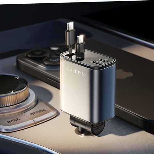 LISEN Retractable Car Phone Charger Cigarette Lighter USB Charger 69W Car Charger USB C Fast Charge Car Accessories Gadgets Christmas for Gifts for Men Women for iPhone 17 Pro Max, Dual Type-C