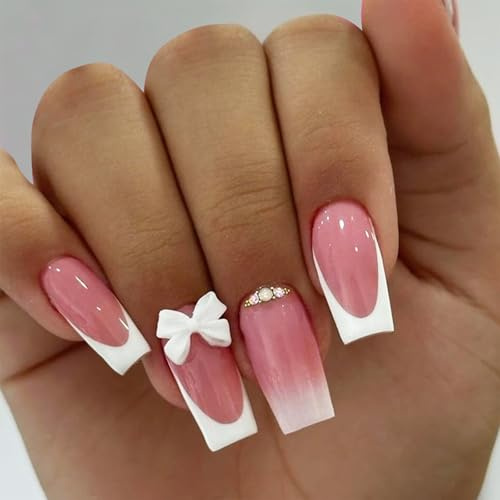 Goiern 24 pièces French Tip Press on Nails, taille moyenne, carrées, faux ongles avec attaches en ruban, pour coller des ongles acryliques artificiels