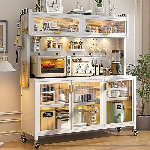 Generisch Freistehender mehrschichtiger Küchenunterschrank, Mikrowellen-Aufbewahrungsständer, 5-stufiges Küchenregal aus Metall mit Rollen, Mikrowellenwagen, DIY-Rückwand - Weiß, 123 cm