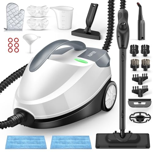 Nettoyeur Vapeur, 1,5L 2000W Steam Cleaner, Intensité de Vapeur Verrouillable et Réglable, Balai Vapeur pour éliminer la Saleté des Joints de Carrelage, des Surfaces en Verre et des Meubles