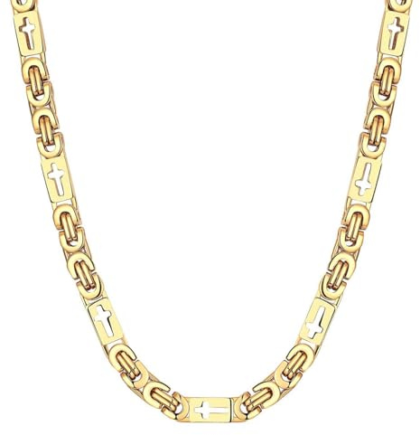 DJADEE Herren Kette Gold 750 vergoldet 18 Karat Edelstahl Königskette 6 mm Hypoallergen Wasserfest Hochglanzpoliert Halskette mit Kreuz Männer Gestempelt