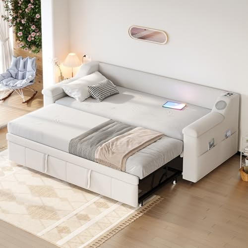 Ausziehbares Schlafsofa 90/180x190, Polsterbett Tagesbett mit Bluetooth-Lautsprecher&USB-Ladefunktion&Ausziehbett&Lattenrosten, Sofabett Jugendbett Gästebett Bettgestell,Samtstoff,Ohne Matratze,Beige