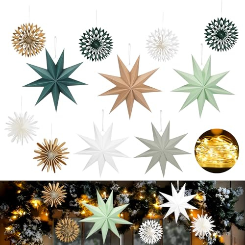 UYUYong 11 Pièces Papier Étoiles Plafond Ornement Étoile en Papier 3D Étoile-s Pliantes à Neuf Branches, Étoile Noel Papiers Suspendre Decoration, pour Noël Sapin Mariage Avent Nouvel Plafond Ornement