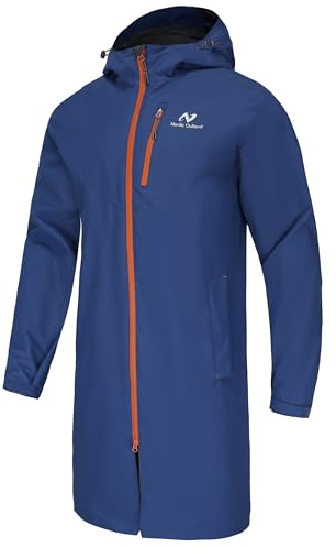 NORDIC OUTLAND Regenjacke für Herren, wasserdicht, atmungsaktiv, langer Regenmantel mit Kapuze, Netzfutter, Windbreaker für Outdoor-Aktivitäten