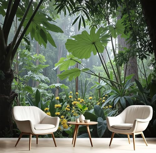 Carta da Parati in Seta Grandi Foglie E Piante Carta da Parete Foresta Pluviale Tropicale Fotomurali Decorazione da Muro per Soggiorno Camera Ristorante Camera dei Bambini, 450x315cm, Verde Foresta