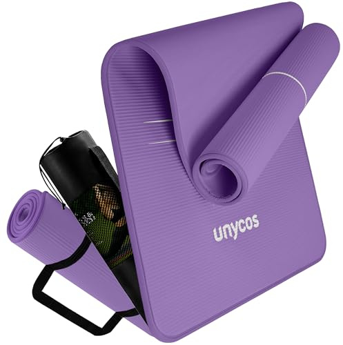unycos - Tappetino Antiscivolo da Yoga, Pilates e Ginnastica Extra Spesso 10 mm, 183x66 cm | Materassino Fitness, Schiuma NBR, Tracolla, Borsa, E-Book di 50 Esercizi (Viola)