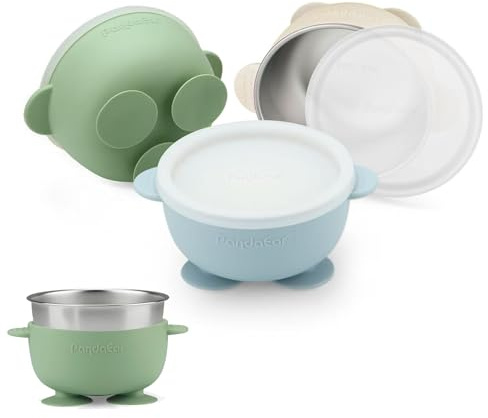 PandaEar Juego De 3 Tazones De Acero Inoxidable Con Ventosa Para Bebé Con Tapas, Cuencos Antideslizantes Para Niños, Bebés Y Toddlers Con Funda De Silicona (Azul Verde Beige)