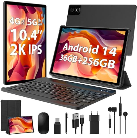WOREGOO Tablet Android 14 de 10,4 Pulgadas, 4G LTE y WiFi 5G, 36 GB RAM + 256 GB ROM, Octa-Core, 8000 mAh/OTG/Cámara 8+13 MP/BT5.0/GPS/GMS, Tableta con Teclado y Ratón (Negro)