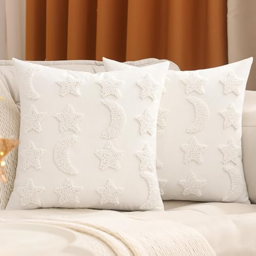 Tosleo Ramadan Tufted Pillow Covers 18x18 inch Set of 2 Beige Embroidery Throw Pillow Covers Ramadan Eid Mubarak Cushion Covers Moon and Star Decorations for Home Couch Sofa Outdoor