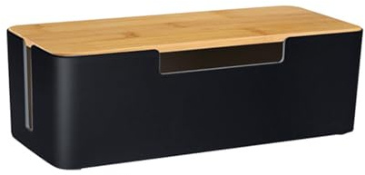 Kabelbox, Kabelmanagement Box mit Hölzernem Deckel, ABS Kabel Organizer Box, Kabel Verstecken, Steckdosenbox Schwarz, Cable Management Box zur Kabelorganisation und zum Verstecken von Kabeln