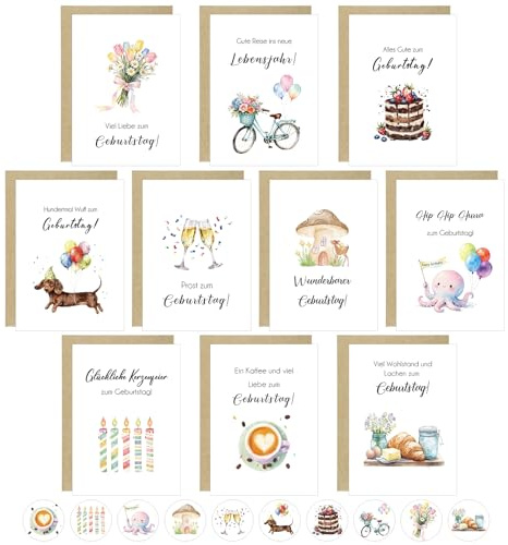 10 Geburtstagskarten A6 Set mit Umschlägen und Stickern, Klappkarten | Glückwunschkarten Geburtstag Happy Birthday Karte Grußkarten Geburtstag für Frau Freunde, Familie, Kollegen