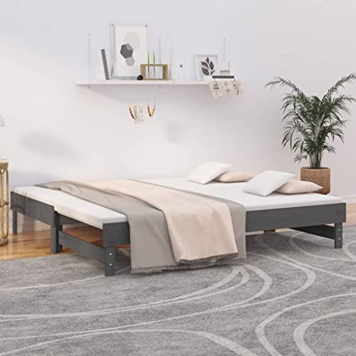 kithwjll Tagesbett Ausziehbar Grau 2X(90x190) cm Massivholz Kiefer, Bettgestell mit Lattenrost, Einzelbett Doppelbett Funktion, Platzsparendes Gästebett für Schlafzimmer