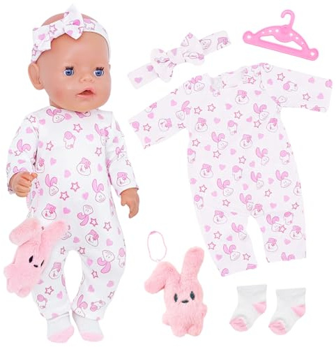 Puppenkleidung für 36-43 cm Baby Puppen，Puppen Kleidung Outfits mit Kaninchen-Strampler Pyjama Hasenpuppe Socken Stirnbänder Kleiderbügel für 12-14 Zoll Neu Baby Puppe Mädchen Geburtstag Geschenk
