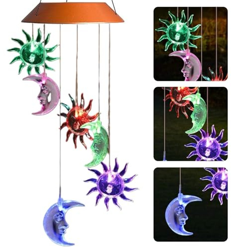 Hotainoys Carillons éoliens solaires, 6 carillons éoliens soleils et lunes LED, étanche Romantique LED Couleur de lumière Changeante en Plein air pour la Maison, fête, décoration de Jardin Nuit