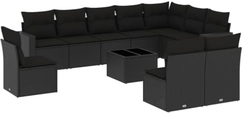 Mhdvray 11-TLG. Garten-Sofagarnitur Schwarz aus UV-stabilem PE-Rattan 62 x 62 cm Modularer Loungesofa mit Stauraum & Glasplatte Robustes Outdoor-Möbel für Terrasse Balkon Garten