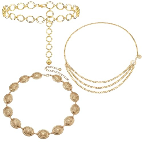 TZMFHD 3pcs Gold Chain Belt, Chain Belts for Women with Adjustable Design, Elegant Gold Waist Chain for Dresses and Jeans, Versatile Fashion Accessory for Party Wear and Daily Outfits