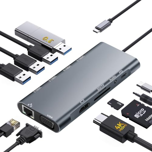 Hub USB C 11 en 1, Docking Station USB C con HDMI 4K, VGA, RJ45 Ethernet, USB 3.0, USB 2.0, Lector de Tarjetas SD/TF, 100W PD, Audio 3.5mm, Adaptador Multipuerto USB C para MacBook Air/Pro, DELL, HP