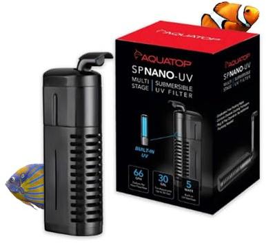 Aquatop 5W Submersible Nano Filter – for 10-30 Gallon – 66 GPH Flow Rate – for Crystal Clear Water – Ideal for Fresh & Saltwater Use – SPNANO-UV