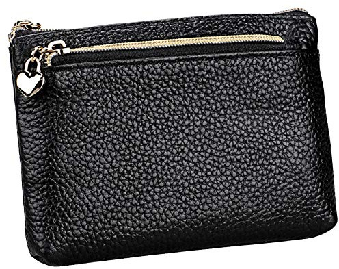 HXT-OAK Geldbörse Damen Leder Mini Geldbeutel Portmonee mit Reißverschluss Kartenfächer Brieftasche für Münze Kleingeld Schwarz