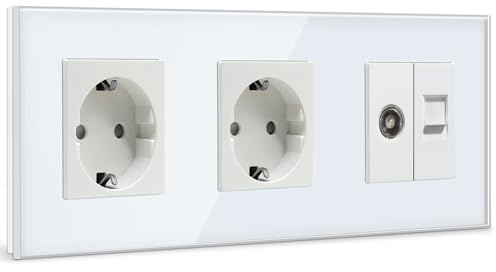 BSEED Schuko Steckdose mit 1/2 PC mit TV Weiß Glas Panel Steckdose Glas TV antenna coaxial and RJ55 Cat5e Ethernet 16 Amp 228mm Doppelt Wandsteckdose Verlängerungssteckdosen