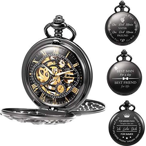 TREEWETO Montre de poche mécanique personnalisée gravée dragon porte-bonheur squelette double coque chiffres romains cadran personnalisé pour homme, papa, fils, Noir