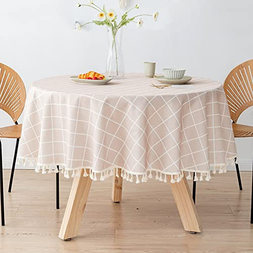 Ricemru Kariert Tischdecke Abwaschbar Rund 160 Taupe Garten Tischdecken Wasserdicht Lotus Fleckschutz TPU Outdoor Gartentischdecke Elegant Tischtuch Tischwäsche mit Quaste