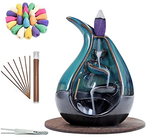 Ceramic Incense Holder Backflow Handcraft Incense Burner with 30 Incense Cones 1 Tweezer 1 Mat 30 Sticks for Home Decoration Ornament Aromatherapy and Meditation
