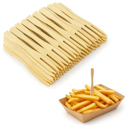 Virsus Forchettine a 2 punte in legno, lunghezza 9 cm, forchette da cocktail in legno monouso biodegradabili compostabili per alimenti, Finger Food, Aperitivo, Stuzzichini, Feste Varie Quantità (100)
